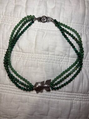 Green Stone Beaded Triple-Strand Necklace with Silver Fish Accent